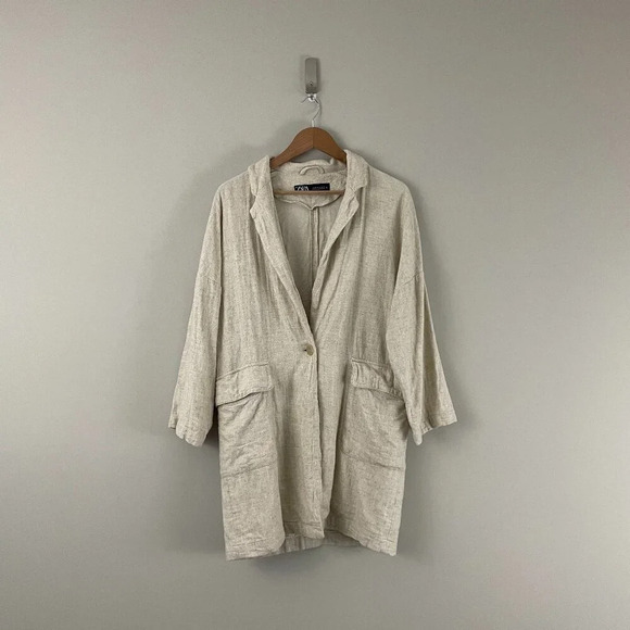 Zara Cream Beige Oversized Linen Blend Single Button Blazer Size XS - Picture 1 of 6